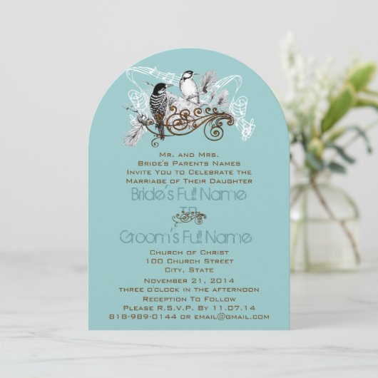 Blue and Green Love Bird Barn Wedding Invitation Kaart (Staand voorkant)