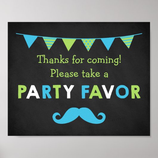 Blue and Green Mustache Chalkboard Party Favor Poster (Voorkant)