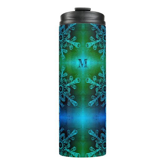 Blue and Green Snowflake Monogram Thermal Tumbler Thermosbeker (Voorkant)