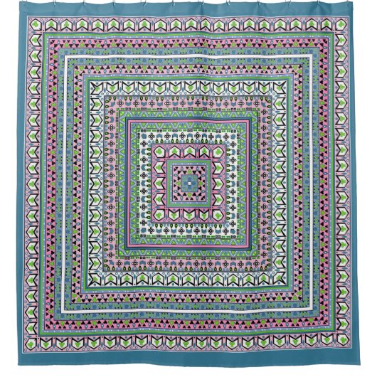 Blue and green square ethnic ornament scarf douchegordijn (Voorkant)