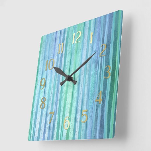 Blue and Green Stripes Vierkante Klok (Hoek)