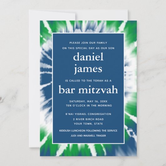 Blue and Green Tie Dye Bar Mitzvah Uitnodiging (Voorkant)