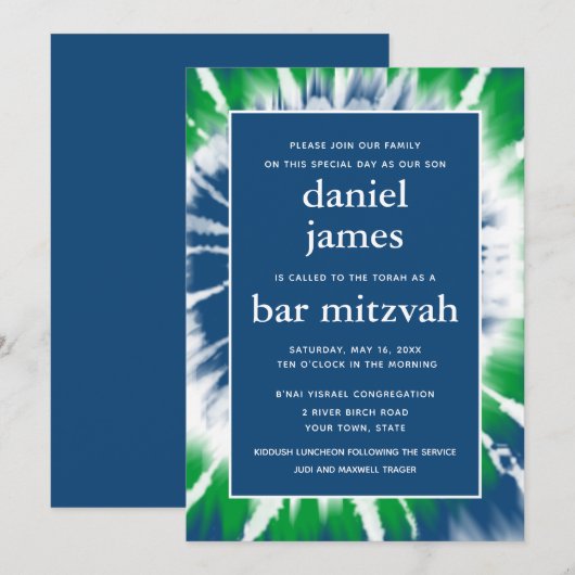 Blue and Green Tie Dye Bar Mitzvah Uitnodiging (Voorkant / Achterkant)