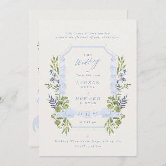 blue and greenery all in one RSVP DETAILS wedding Kaart (Voorkant / Achterkant)