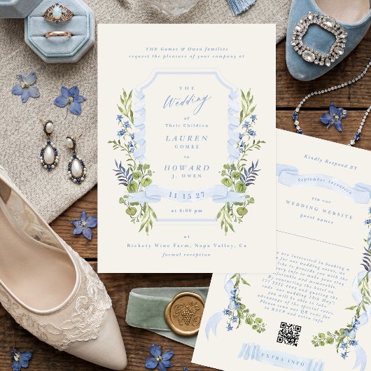 blue and greenery all in one RSVP DETAILS wedding Kaart