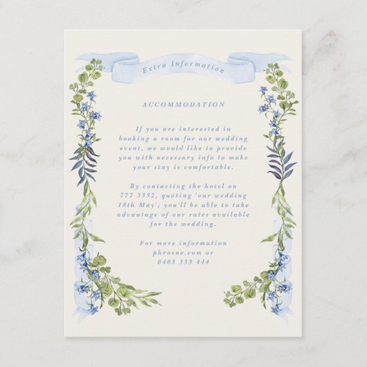 blue and greenery garden crest wreath wedding informatiekaartje (Voorkant)