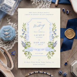 blue and greenery garden crest wreath wedding kaart