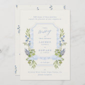 blue and greenery garden crest wreath wedding kaart (Voorkant / Achterkant)