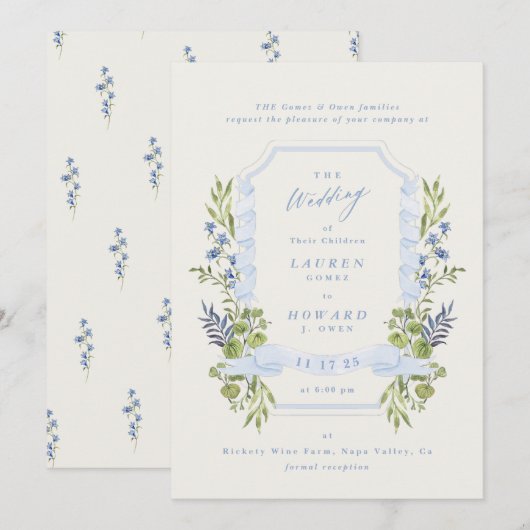 blue and greenery garden crest wreath wedding kaart (Voorkant / Achterkant)