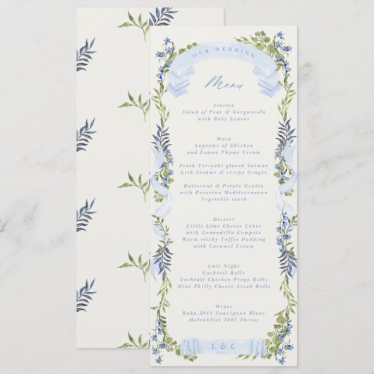 blue and greenery garden crest wreath wedding menu (Voorkant / Achterkant)
