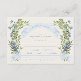 blue and greenery garden crest wreath wedding rsvp kaart