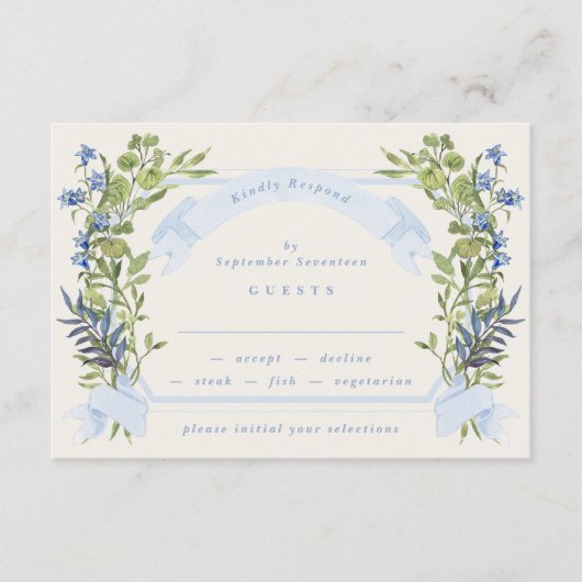 blue and greenery garden crest wreath wedding rsvp kaart (Voorkant)