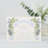 blue and greenery garden crest wreath wedding rsvp kaart (Staand voorkant)