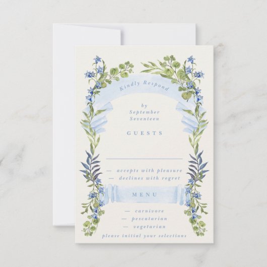 blue and greenery spring elegant wedding RSVP kaartje (Voorkant)