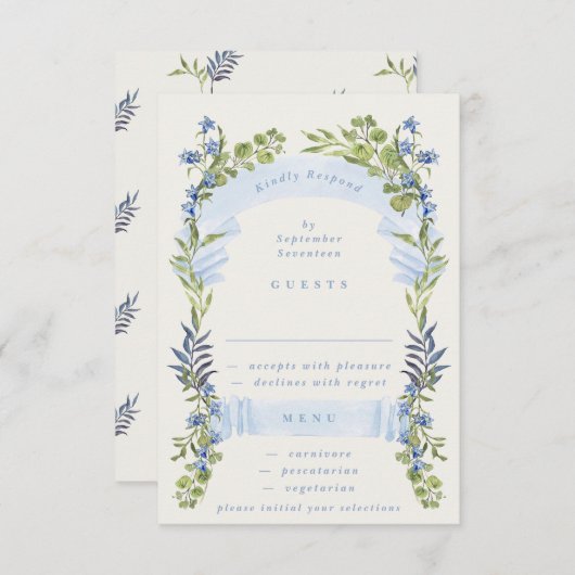 blue and greenery spring elegant wedding RSVP kaartje (Voorkant / Achterkant)