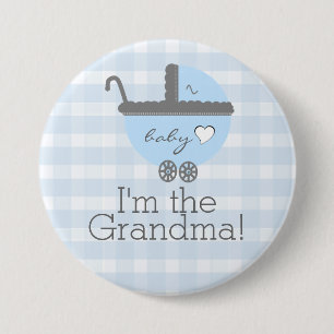 Blue and Grey Carriage Gingham Baby shower Grandma Ronde Button 7,6 Cm
