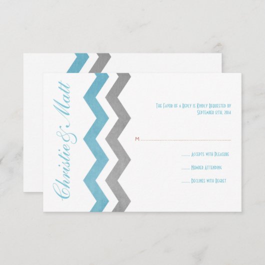 Blue and Grey Zig Zag Wedding RSVP (Voorkant / Achterkant)