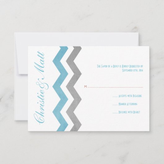 Blue and Grey Zig Zag Wedding RSVP Kaartje (Voorkant)