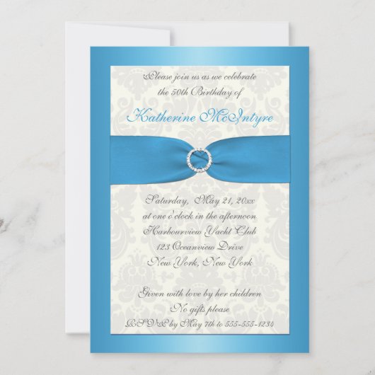 Blue and Ivory Damask 50th Birthday Invite Kaart (Voorkant)