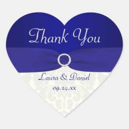 Blue and Ivory Damask Heart Shaped Wedding Sticker