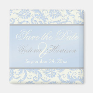 Blue and Ivory Damask Wedding Favor Magnet