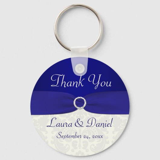 Blue and Ivory Damask Wedding Favor Sleutelhanger (Voorkant)