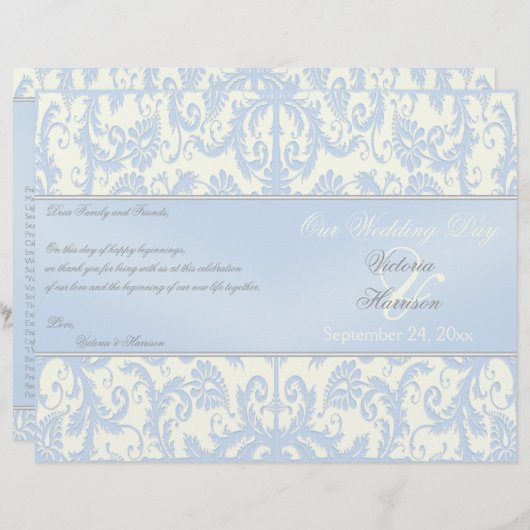Blue and Ivory Damask Wedding Programme (Voorkant / Achterkant)