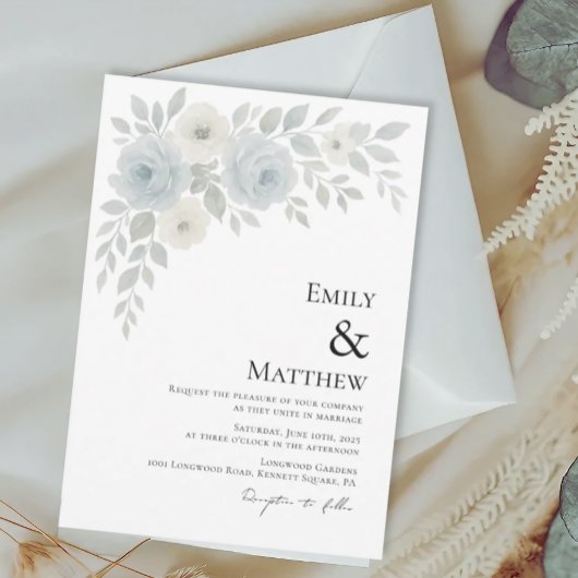 Blue and Ivory Floral Wedding Invitation Kaart