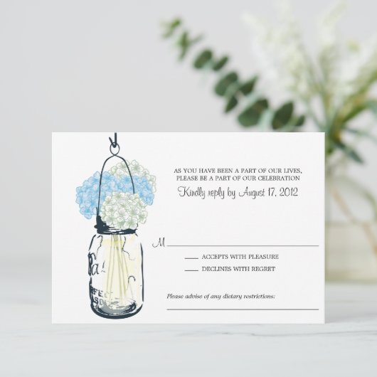 Blue and Ivory Hydrangea & Mason Jar Wedding RSVP (Staand voorkant)