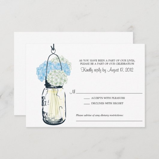 Blue and Ivory Hydrangea & Mason Jar Wedding RSVP (Voorkant / Achterkant)