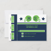 Blue and Lime Green Football Ticket Wedding RSVP (Voorkant)