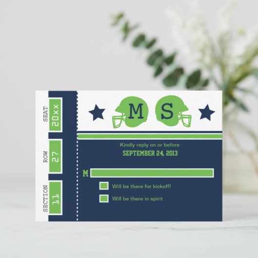 Blue and Lime Green Football Ticket Wedding RSVP (Staand voorkant)