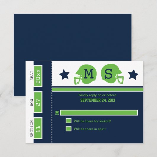 Blue and Lime Green Football Ticket Wedding RSVP (Voorkant / Achterkant)