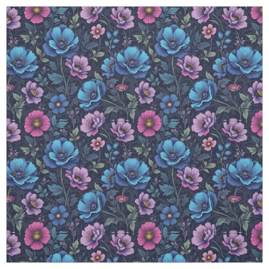 Blue and Mauve Flowers Stof (Swatch)
