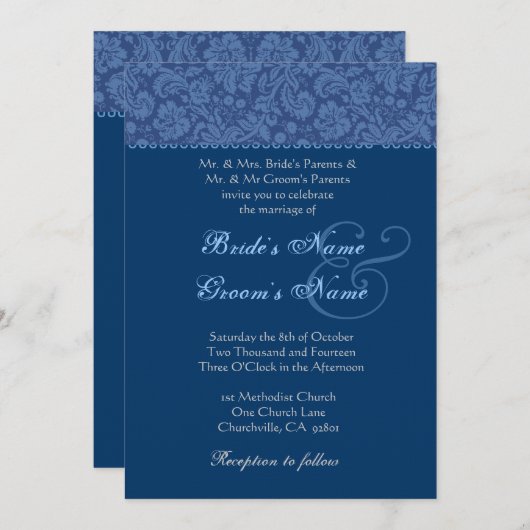 Blue and Midnight Swirl Damask Wedding Invitation Kaart (Voorkant / Achterkant)