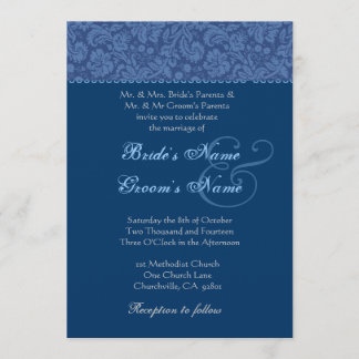 Blue and Midnight Swirl Damask Wedding Invitation Kaart
