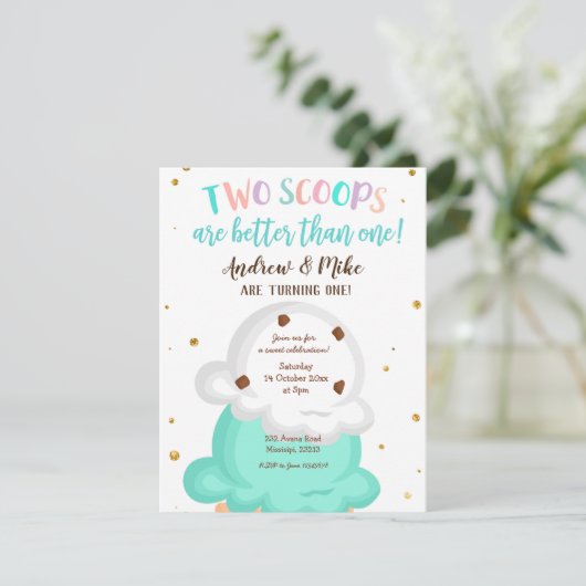 Blue and Mint Twin Ice Cream Uitnodiging (Staand voorkant)