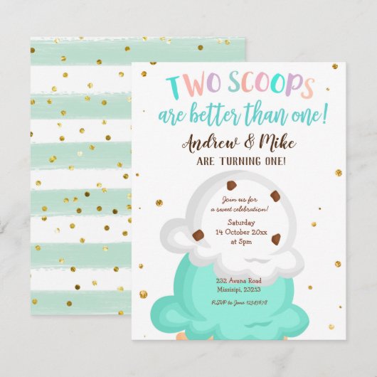 Blue and Mint Twin Ice Cream Uitnodiging (Voorkant / Achterkant)