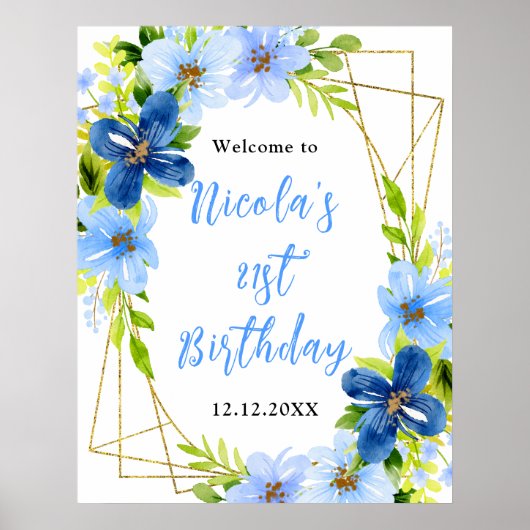 Blue and Navy Flowers Birthday Welcome Poster (Voorkant)