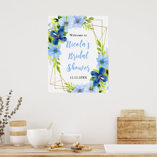 Blue and Navy Flowers Bridal Shower Welcome Poster (Keuken)
