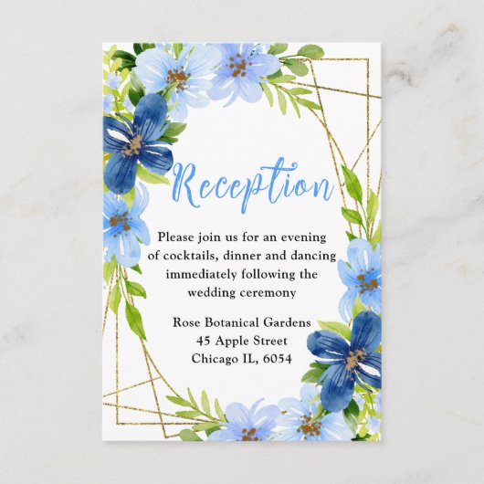 Blue and Navy Flowers Wedding Reception Informatiekaartje (Voorkant)