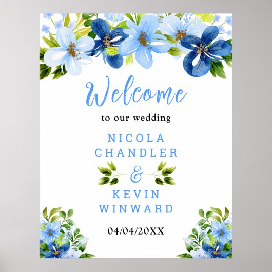 Blue and Navy Flowers Wedding Welcome Sign Poster (Voorkant)