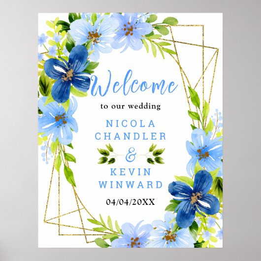 Blue and Navy Flowers Wedding Welcome Sign Poster (Voorkant)