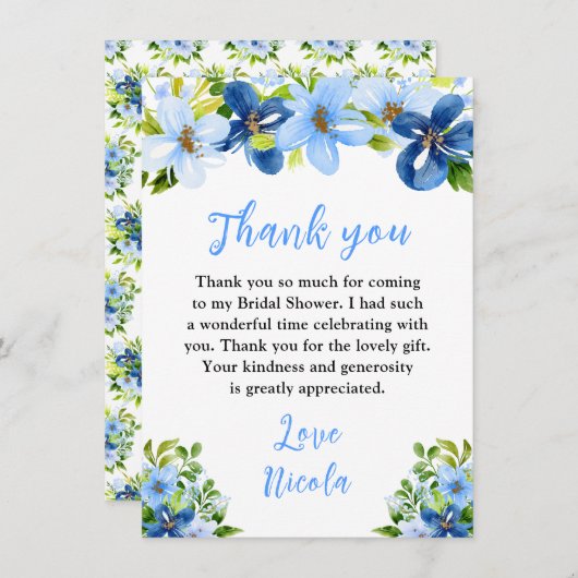 Blue and Navy Flowers with Foliage Bridal Shower Bedankkaart (Voorkant / Achterkant)