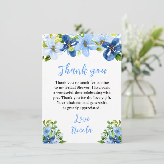 Blue and Navy Flowers with Foliage Bridal Shower Bedankkaart (Staand voorkant)