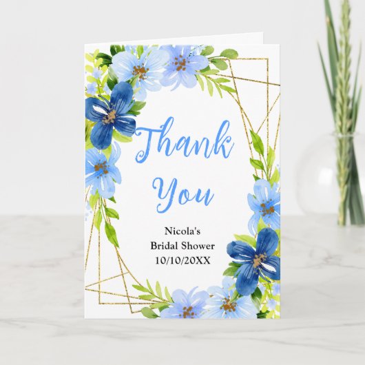 Blue and Navy Flowers with Foliage Bridal Shower Bedankkaart (Voorkant)