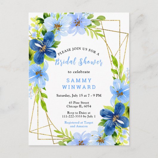 Blue and Navy Flowers with Foliage Bridal Shower Briefkaart (Voorkant)