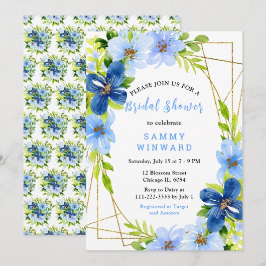Blue and Navy Flowers with Foliage Bridal Shower Kaart (Voorkant / Achterkant)
