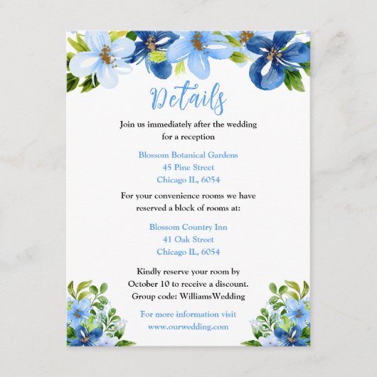 Blue and Navy Flowers with Foliage  Informatiekaartje (Voorkant)