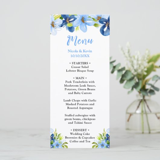 Blue and Navy Flowers with Foliage Menu (Staand voorkant)